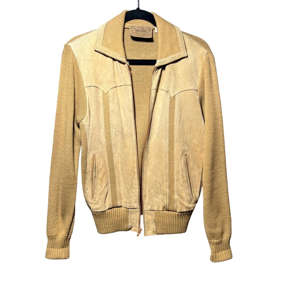 Van Cort Vintage Mens Tan Suede Leather Knit Bomber Jacket Size‎ M Western Zip